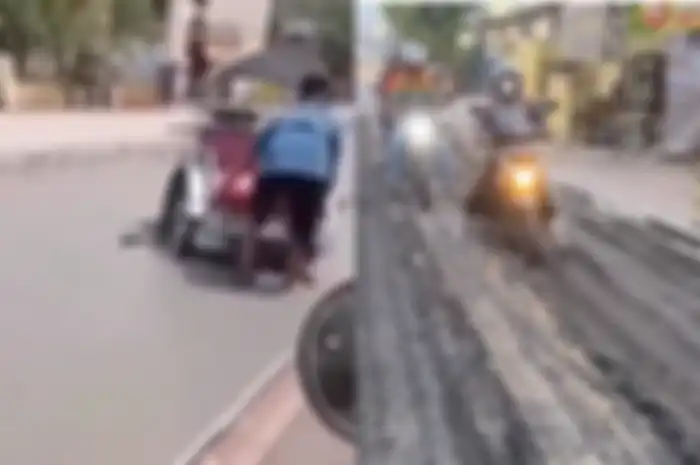 Video pengendara lewati jalan yang baru dicor di Jombang, Jawa Timur.