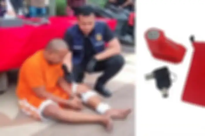 Aziz, maling motor asal Madura diamankan di Mapolres Gresik (kiri), ilustrasi kunci gembok motor Honda (kanan).
