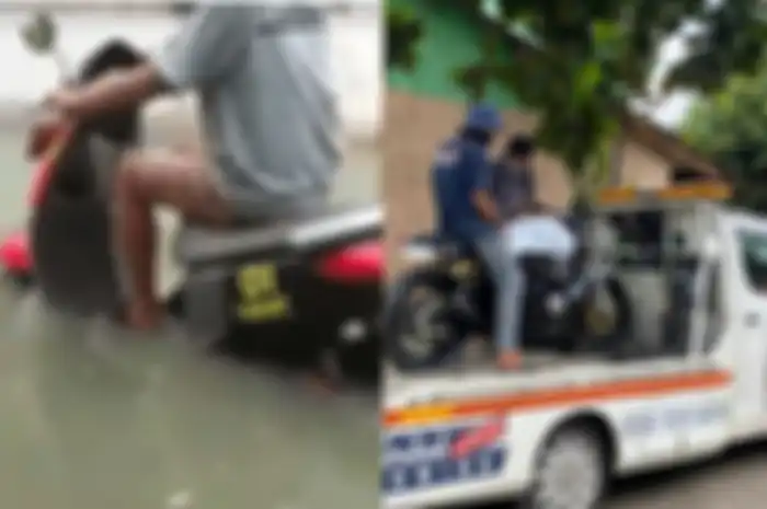 Ilustrasi motor listrik terjang banjir (kiri) dan jasa towing motor (kanan). 