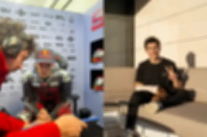 Marc Marquez saat di garasi Gresini Racing Ducati (kiri) dan setelah menjalani operasi (kanan).