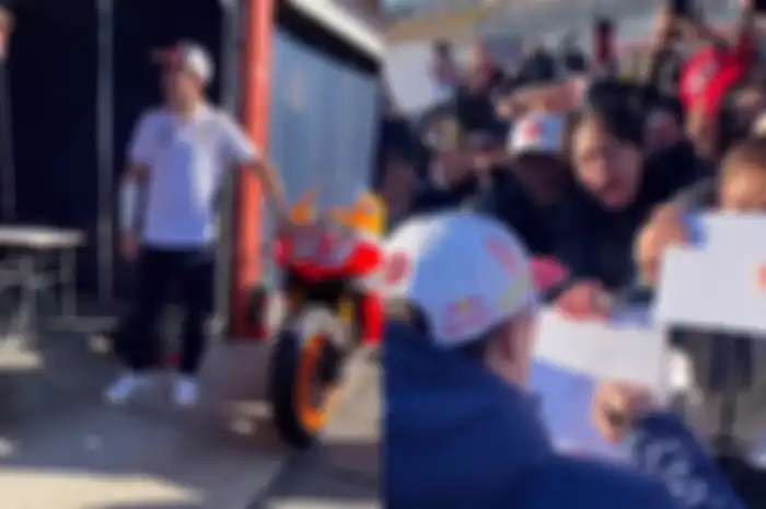 Marc Marquez datang ke acara Honda Racing Thanks Daya 2023 di Sirkuit Motegi, Jepang.