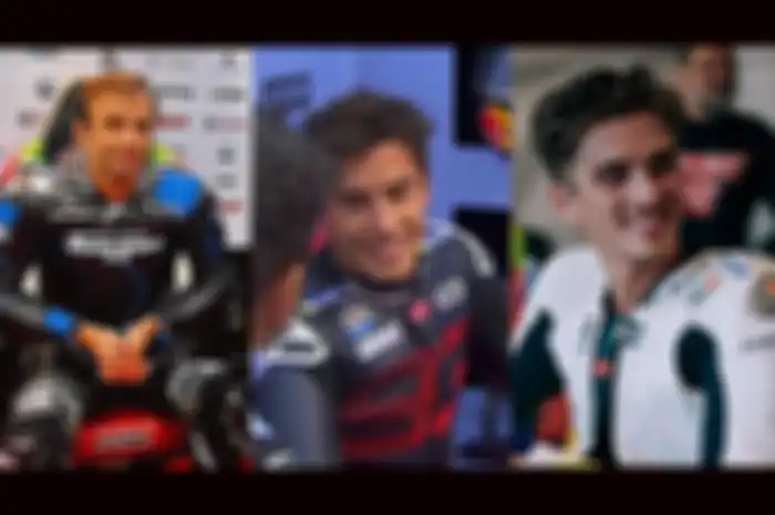 Bukan Marc Marquez (tengah) saja yang tidak komentar soal motor MotoGP barunya di tes MotoGP Valencia 2023, Johann Zarco (kiri) dan Luca Marini (kanan) juga ternyata