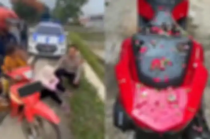 Aksi emak-emak ngambek (kiri), setelah itu motor baru Honda PCX 160 datang dan mandi kembang (kanan)