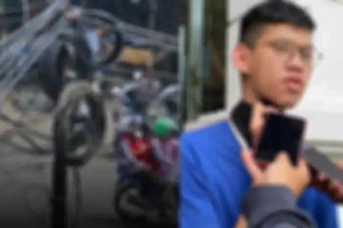 Ilustrasi kabel fiber optik (kiri) dan pemotor Sultan Rifat yang lehernya terjerat kabel (kanan).