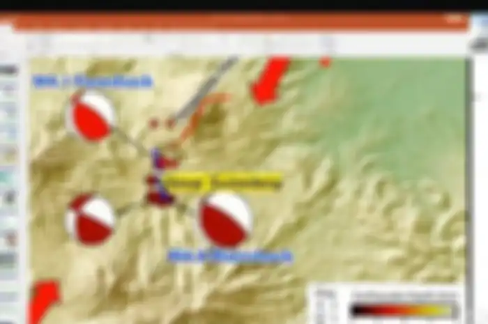 BMKG memetakan Sesar Sumedang (garis biru di antara titik merah dan kuning) 