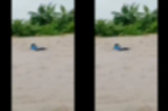 Tinggal kelihatan roda depan saja saat motor Yamaha NMAX terseret banjir di Indramayu.