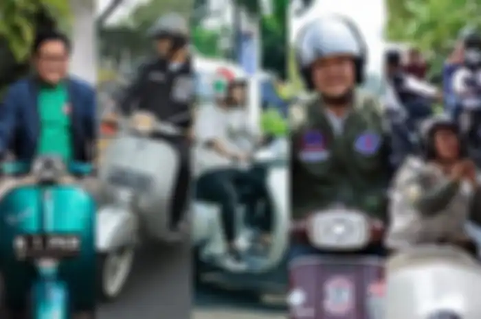 Hampir semua paslon di Pemilu 2024 riding naik Vespa (kiri ke kanan: Muhaimin Iskandar, Anies Baswedan, Gibran Rakabuming Raka, Ganjar Pranowo, dan Mahfud MD).