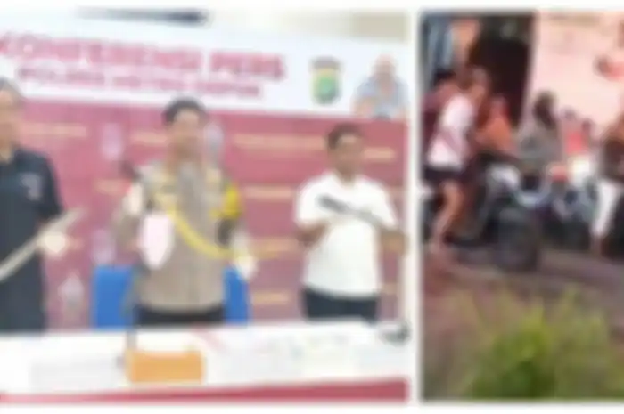 Kolase Foto Kapolres Metro Depok Kombes Arya Perdana menunjukkan senjata tajam dan tawuran pelajar di Cipayung, Kota Depok, Kamis (7/2/2024). 