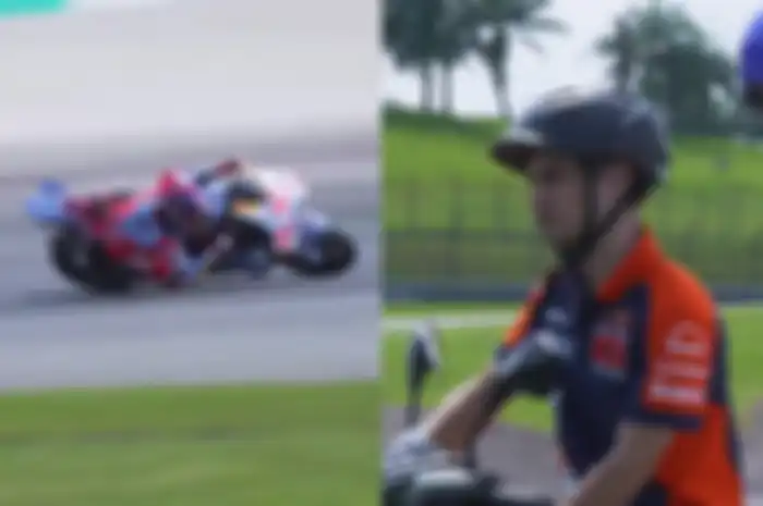 Ekspresi Dani Pedrosa saat Marc Marquez geber Ducati Desmosedici GP23 di tes MotoGP Sepang.