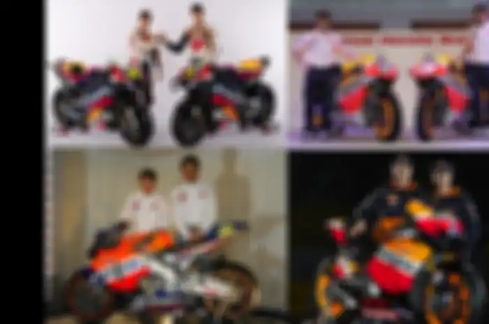 Livery Repsol Honda Team dari gelap di 2002 (kiri bawah), gelap di 2012 (kanan bawah) kemudian terang di 2013-2023 (kanan atas) balik gelap di 2024 (kiri atas)