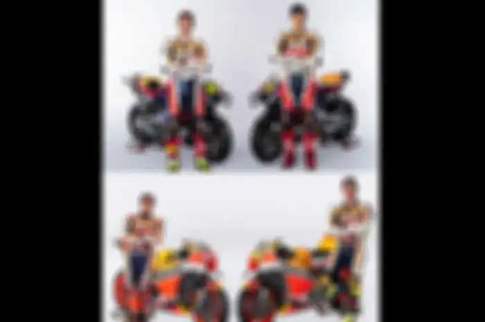 Repsol Honda Team MotoGP 2024 (atas) Joan Mir bersama Luca Marini catat sejarah pembalap Italia ke-4 di skuat Honda pabrikan, Repsol Honda Team MotoGP 2023 (bawah) cap Marc Marquez sekilah livery baju balap mirip model 2024
