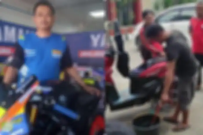 Puluhan motor mendadak mogok usai isi bensin di SPBU di Medan, Sumatera Utara. Kuro mekanik kawakan dari tim Yamaha Global Ondolomon Jakarta Timur (kiri).
