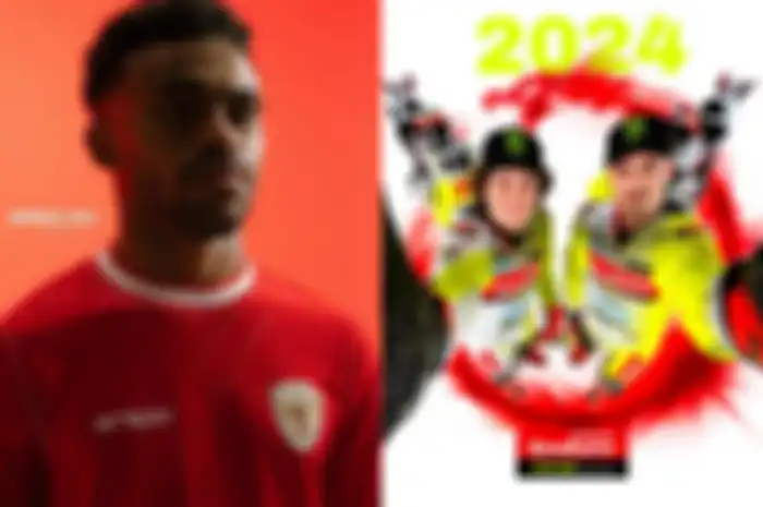 Jersey timnas Indonesia buatan Erspo (kiri) dan tim balap Valentino Rossi, Pertamina Enduro VR46 Racing Team (kanan). 