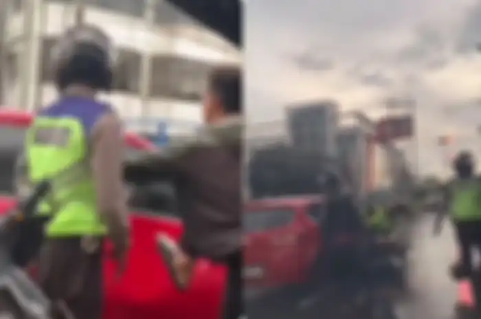 Detik-detik polisi dan pemotor berhamburan kejar dan hancurkan mobil Honda Brio, sopir langsung diringkus dan diamankan.