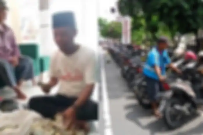 Ilustrasi tukang parkir liar (kanan), Narto (duduk di sofa) juru parkir di Tambun Selatan, Kabupaten Bekasi, Jawa Barat, viral karena dari pekerjaannya sebagai tukang parkir, dia sudah 4 kali melakukan ibadah umroh di Tanah Suci. 