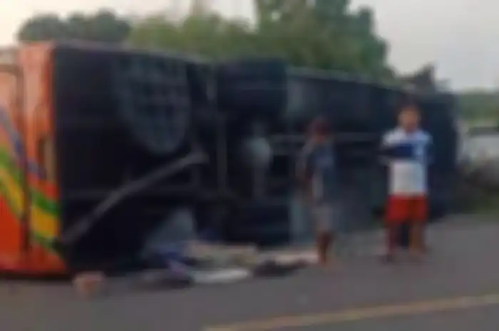 Bus Rajawali Indah rute Bojonegoro-Surabaya tabrak motor dan terguling