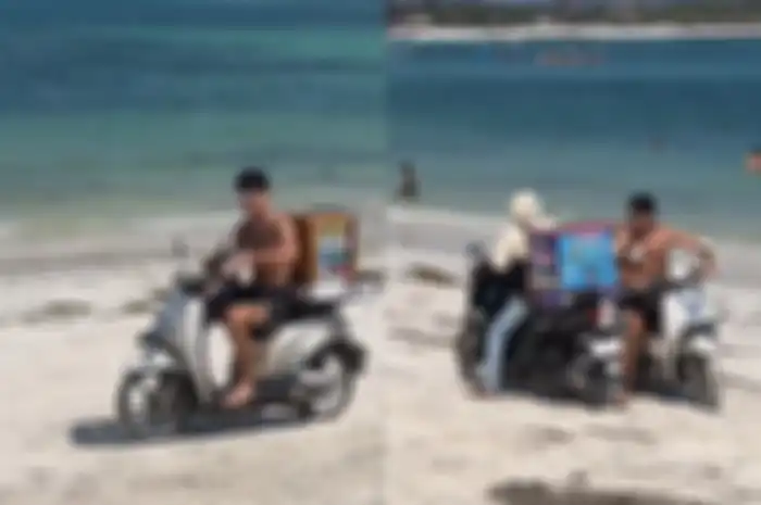Aksi pembalap Moto2 Mandalika 2024 Filip Salac jualan es krim di pinggir pantai, Rabu (25/9/2024).