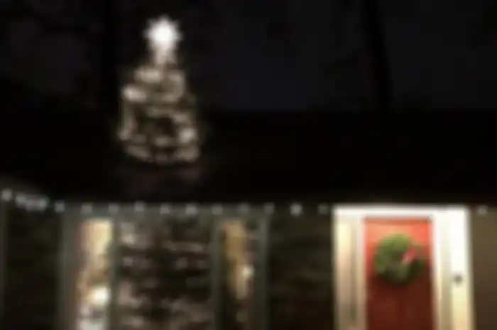 Pohon Natal setinggi enam meter ini terlihat keluar dari atap rumah