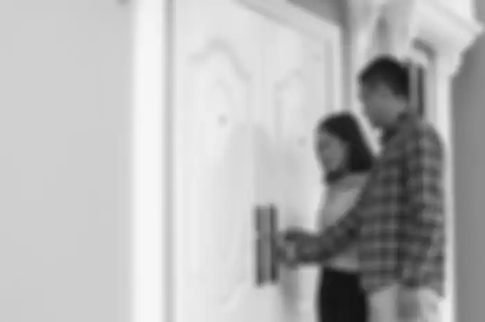 Tak kalah dengan bahan kayu solid, pintu baja ini tampil legan dengan balutan putif.