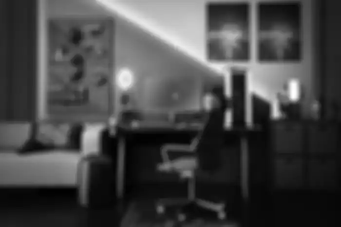 Penataan furnitur gaming di rumah dilengkapi lampu LED untuk menambah mood. 
