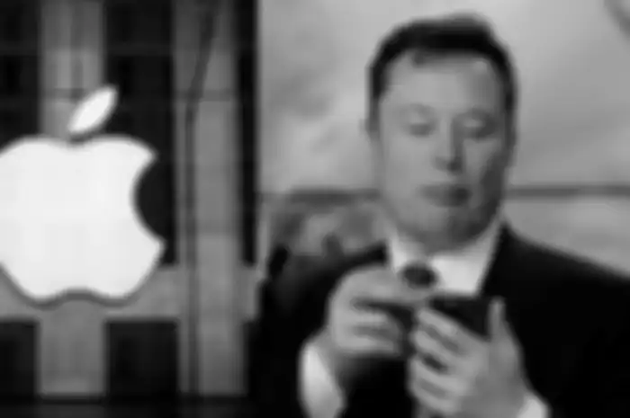 Logo Apple (kiri) dan Elon Musk menggunakan iPhone (kanan)
