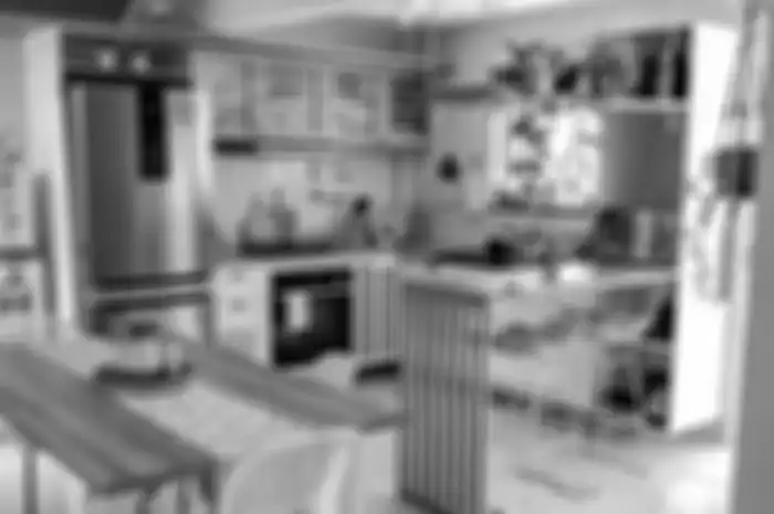 Foto desain dapur mungil yang menyatu dengan ruang keluarga. 