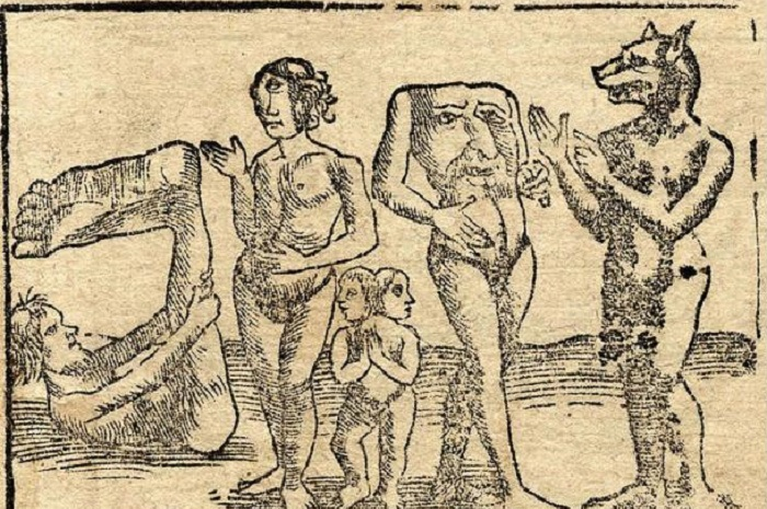 Sebuah ukiran yang menunjukkan (dari kiri ke kanan) monopod atau sciapod, perempuan cyclop, kembar siam, blemmyes, dan cynocephali, 1544