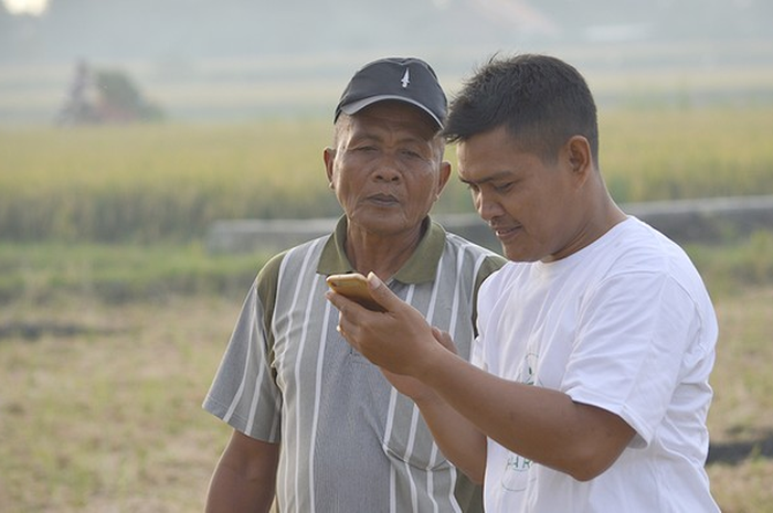 Petani dan petugas lapangan memakai aplikasi smartphone