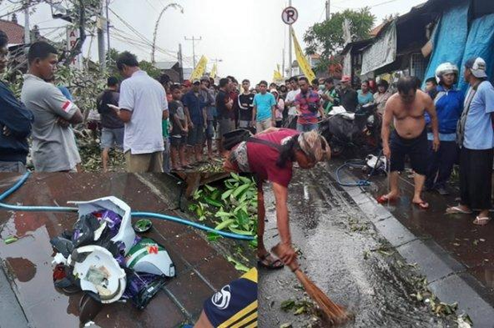 Warga membersihkan lokasi tempat pemotor asal Pasuruan tewas tertimpa pohon di Jalan Tukad Pakerisan, Kelurahan Panjer, Renon, Denpasar, Bali, Kamis sore (24/1/2019). (Inzert) Pecahan helm yang digunakan korban.&nbsp;