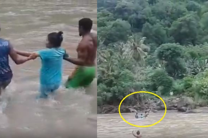 Ibu hamil 9 bulan asal Nagekeo, Flores, NTT dibantu menyeberang sungai dengan lebar 100 meter