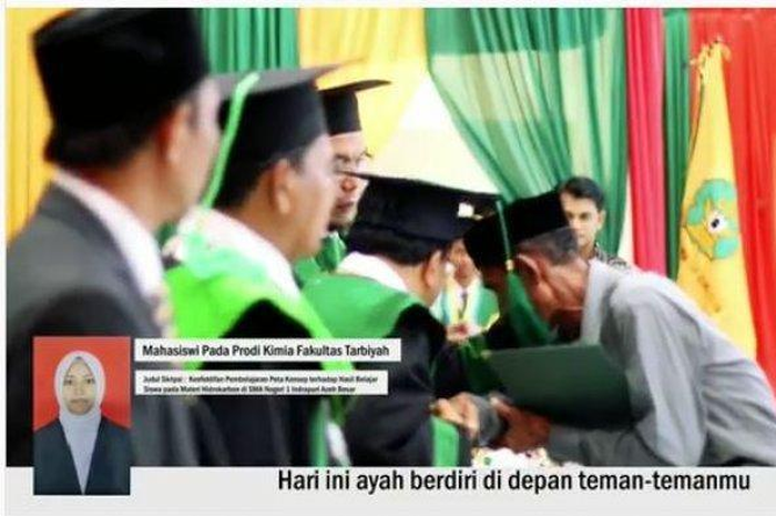 Viral video dari ayah Rina Muharrami mengikuti prosesi wisuda karena menggantikan posisi anaknya yang meninggal karena sakit.