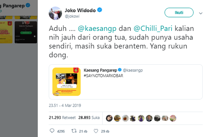 Presiden Jokowi memberi nasihat kepada kedua anaknya yang sering berantem di media sosial.