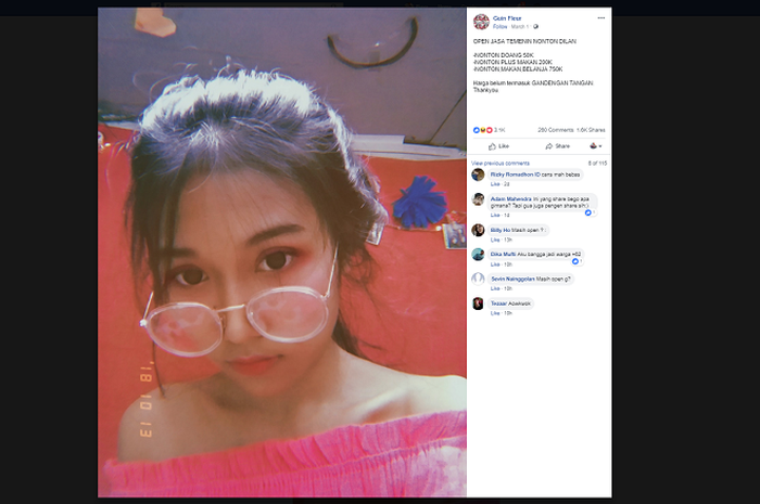Akun Facebook Guin Fleur menawarkan jasa untuk menemani nonton film 'Dilan 1991'.