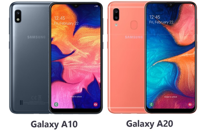 Samsung Galaxy A10 warna hitam dan A20 warna merah