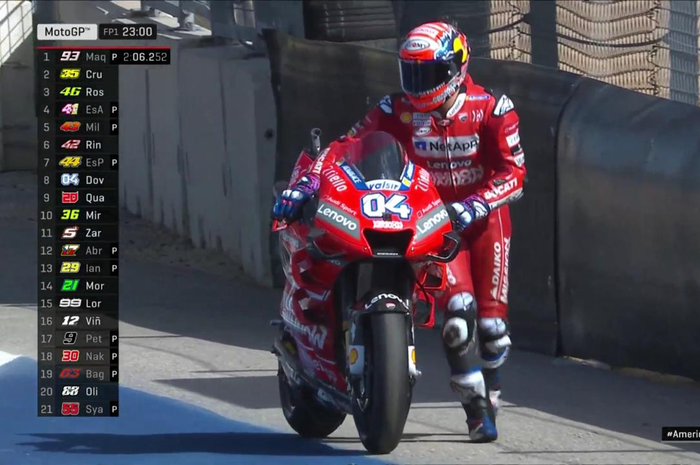 Andrea Dovizioso mendorong motornya akibat trouble di MotoGP Amerika 2019