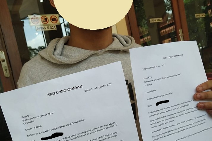 MS (18) beserta surat permohonan maafnya terkait aksi yang dilakukan.