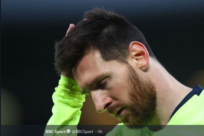 Ekspresi kecewa megabintang FC Barcelona, Lionel Messi, pada leg kedua semifinal Liga Champions 2018-2019 kontra Liverpool.