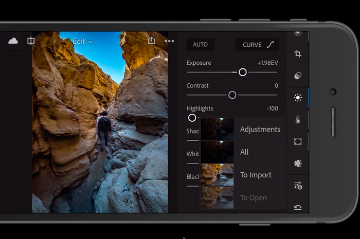 Tampilan Lightroom di ponsel
