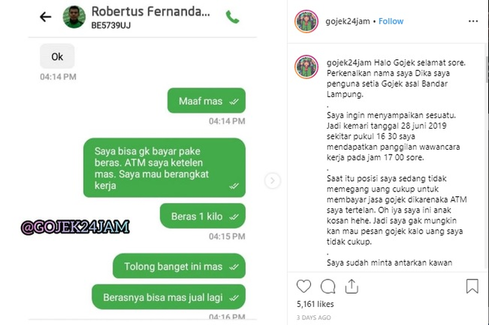 Viral penumpang ojol bayar pakai beras 1 kilogram