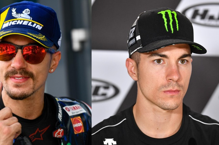 Maverick VInales saat menang MotoGP Belanda berkumis dan berjanggut (kiri) dan saat konferensi pers MotoGP Jerman (4/7/19) tampak klimis tanpa kumis dan janggut 