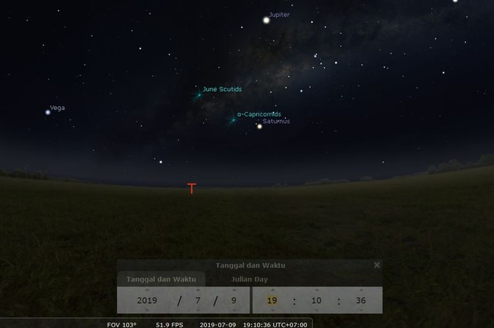 ilustrasi pemandangan langit malam pada Rabu (10/7/2019). Saturnus akan tampak di timur saat senja dengan magnitudo 0,05. 