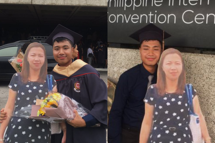 Paulo John membawa gambar ibunya saar wisuda. 