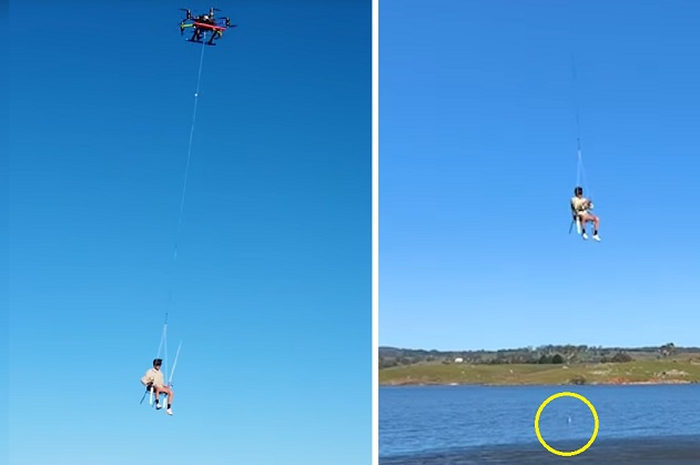 Sam Foreman memancing di waduk dengan menaiki drone.