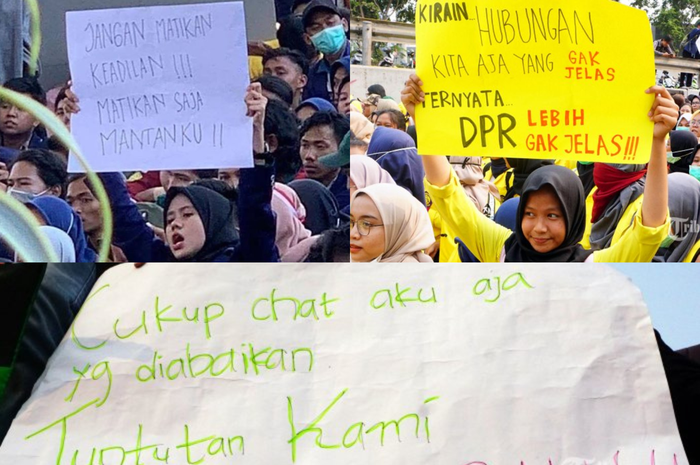 Berbagai tulisan lucu dibawa oleh mahasiswa ketika melakukan aksi menolak RUU KPK dan KUHP Selasa (24/9/2019)