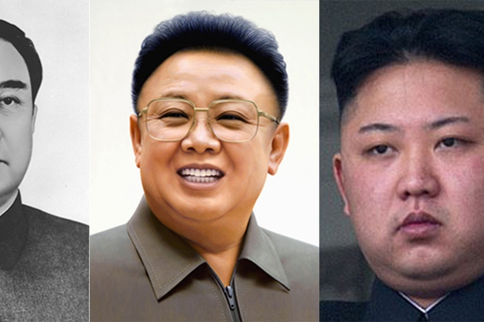 Pemimpin Tertinggi Korea Utara Kim Il-Sung, Kim Jong-Il (tengah), dan Kim Jong-Un (kanan).