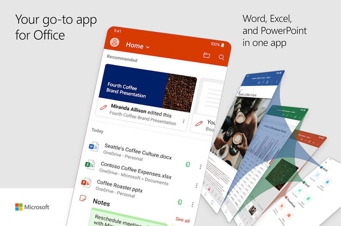 Aplikasi Microsoft Word, Excel, dan Powerpoint pada smartphone.