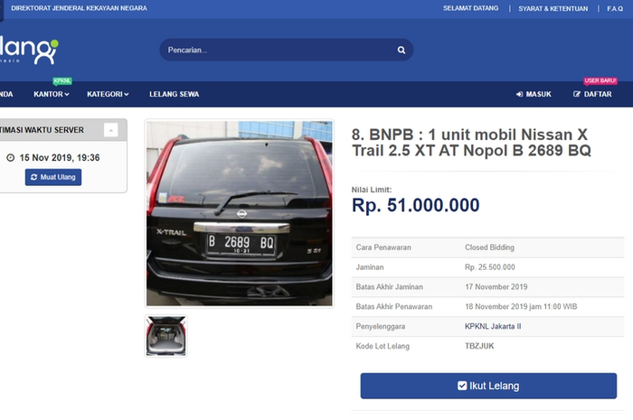 Situs lelang mobil Kemenkeu Nov 2019