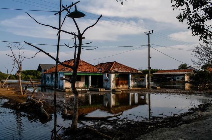 Rumah warga ditinggalkan pemiliknya akibat tergenang luapan air laut di Kampung Beting, Desa Pantai Bahagia, Kecamatan Muara Gembong, Kabupaten Bekasi, Jawa Barat, Kamis (28/11/2019). Ratusan rumah hunian warga alami kerusakan yang cukup parah, sehingga banyak rumah yang ditinggalkan pemiliknya.