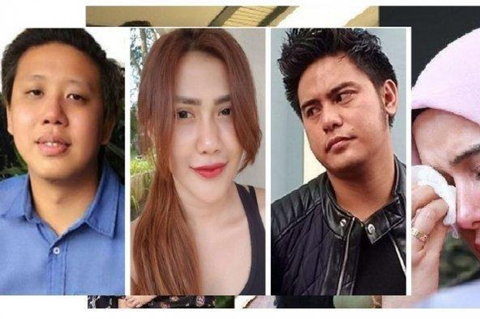 Fairuz A Rafiq, pelapor kasus bau ikan asin (kanan) dan para tersangka kasus tersebut, dari kiri: Pablo Benua, Rey Utami dan Galih Ginanjar.