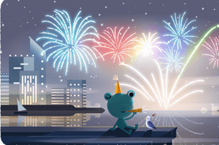 Tampilan awal Google Search dengan doodle Froggy si Katak.